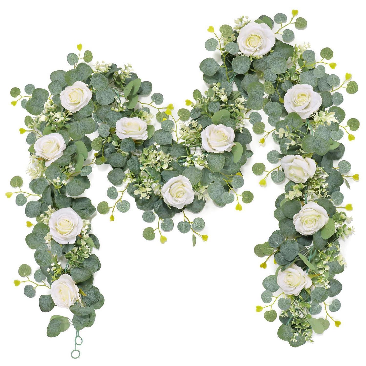 2er Set Künstliche Blumengirlande Eukalyptus Mit Rosen, 180cm, Weiß