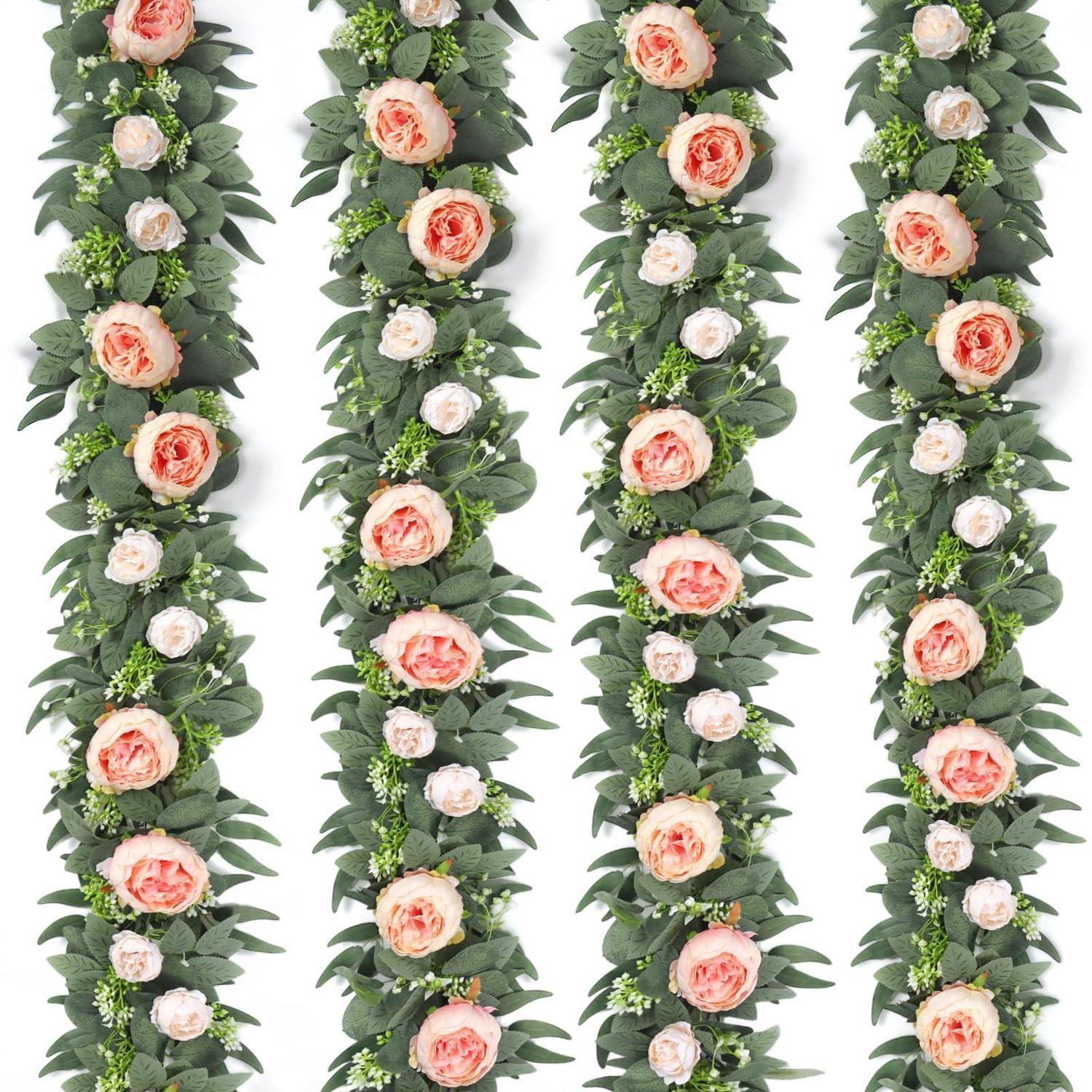 Künstliche Blumengirlande 4 Stück Mit Rosen & Eukalyptus Champagnerrosa