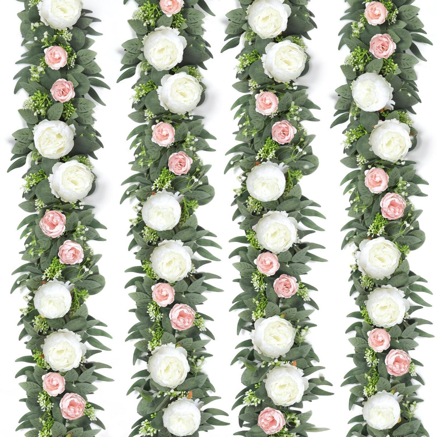 Künstliche Blumengirlande 4 Stück, Rosa & Weiß, Eukalyptus, Pfingstrosen, Rosen, 170cm