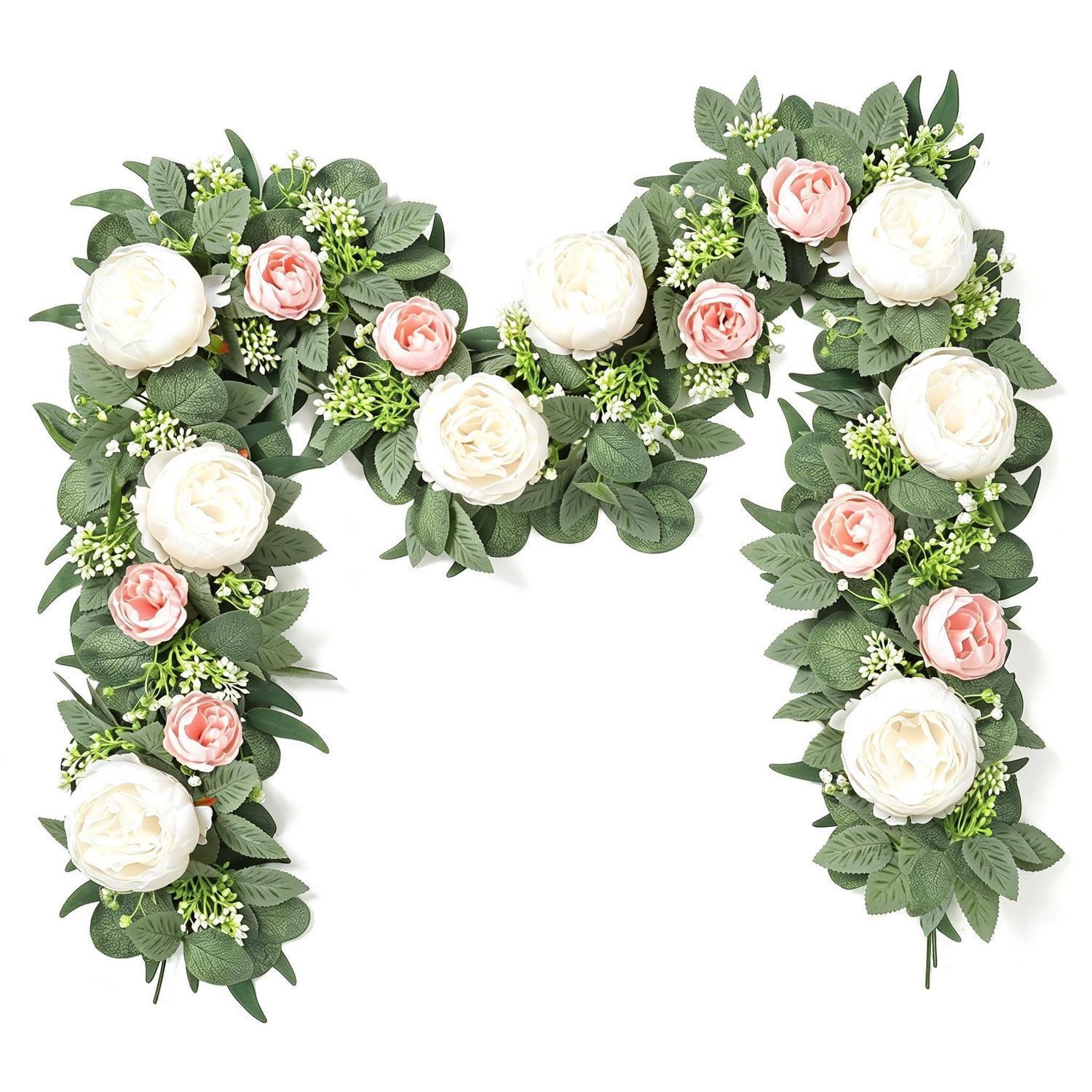 2er Set Künstliche Blumengirlande Rosa & Weiß Mit Eukalyptus & Rosen