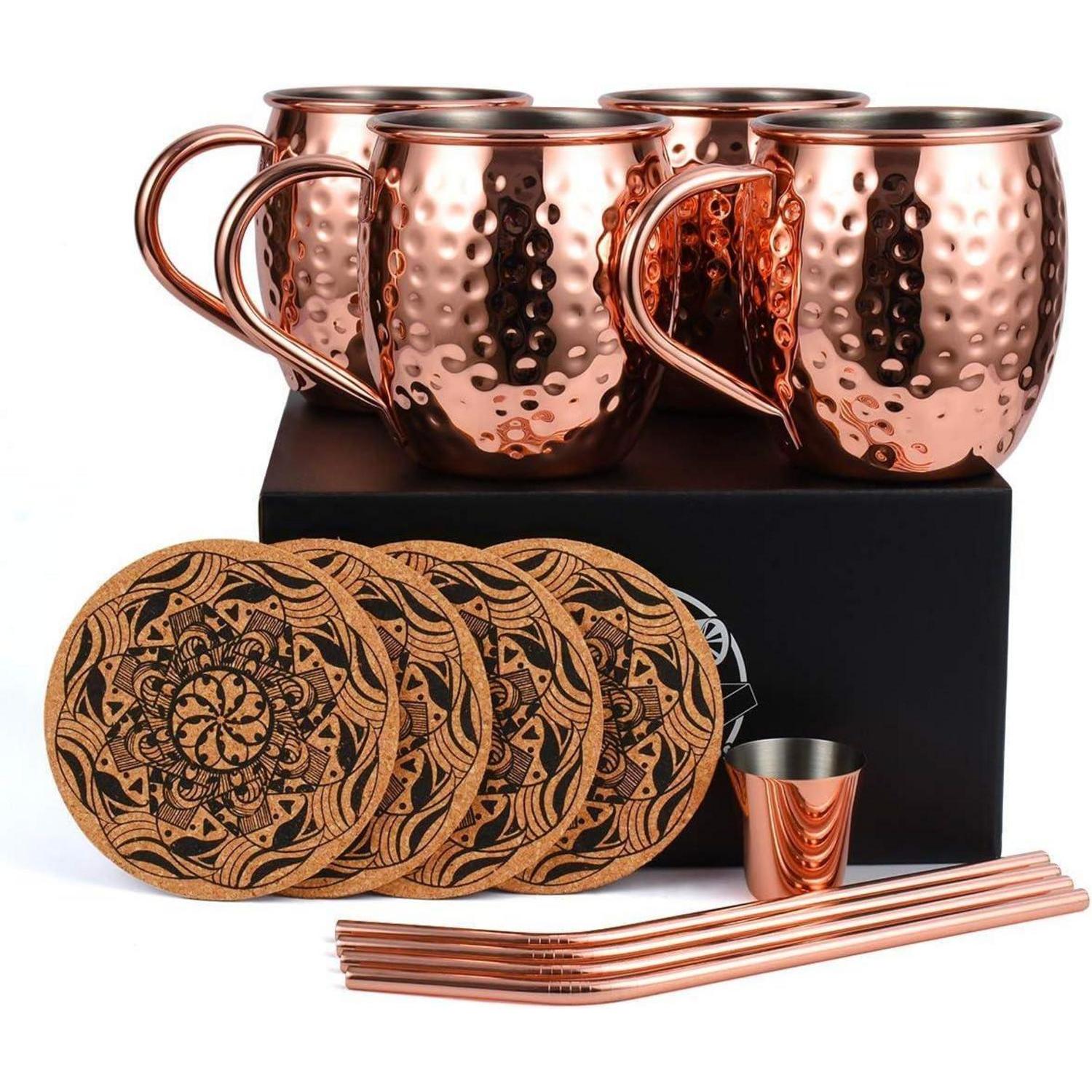 Moscow Mule Becher Set Kupfer Gehämmert Handgefertigt 4er Set Mit Untersetzern & Trinkhalmen