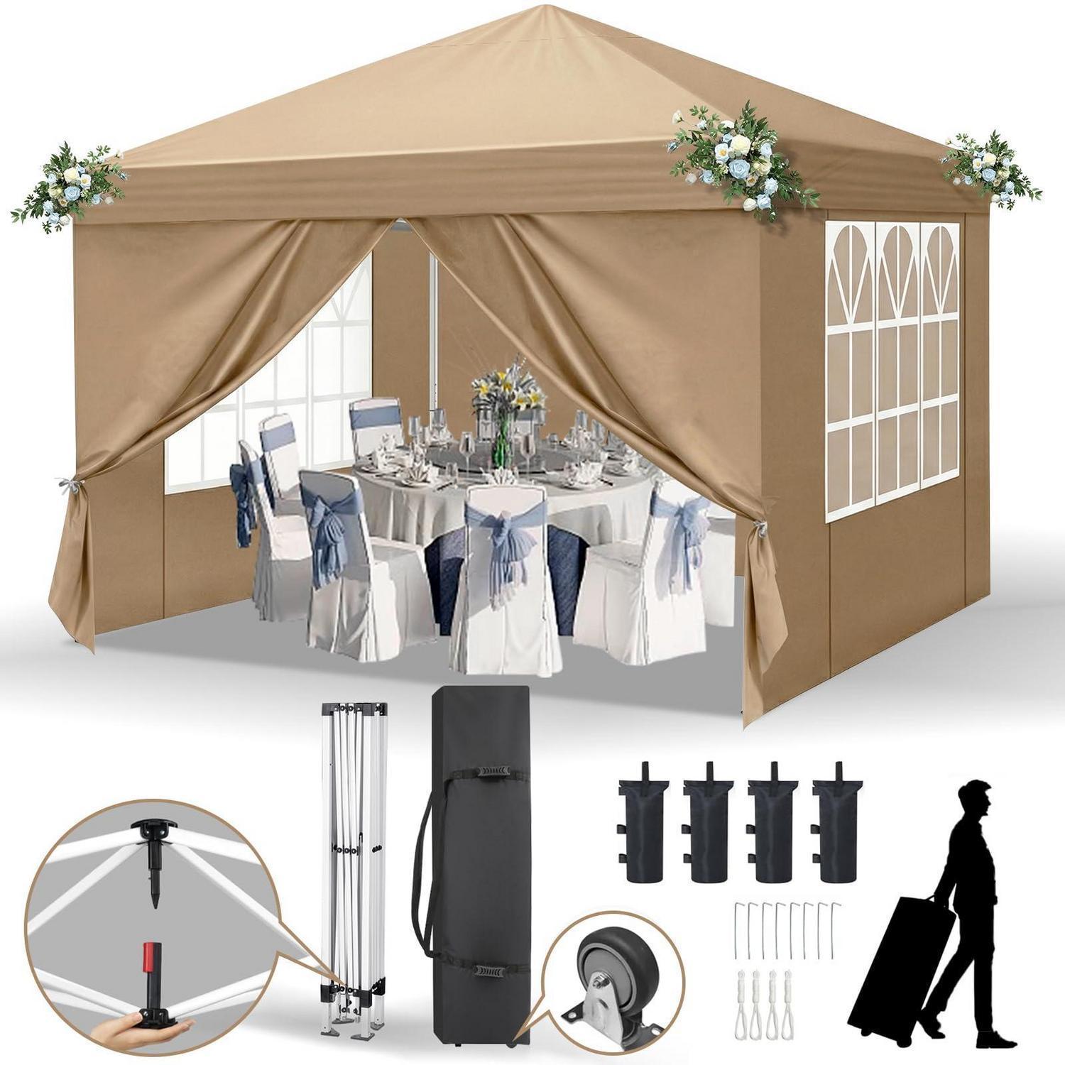 Faltpavillon 3x3m, Wasserdicht, Uv-schutz 50+, Mit 4 Seitenteilen, Khaki