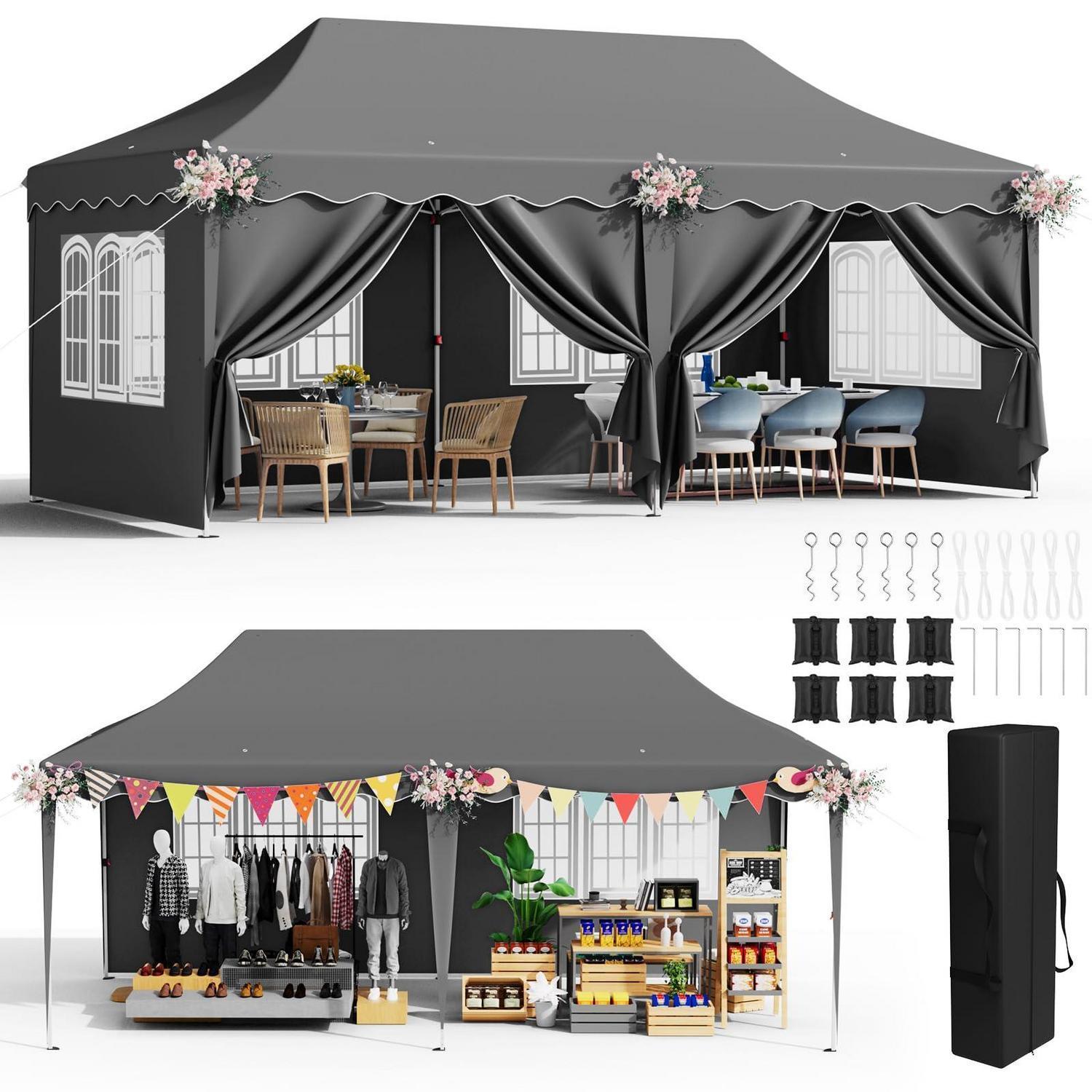 Faltpavillon 3x6m Grau Wasserdicht Mit 6 Seitenwänden, Uv-schutz 50+