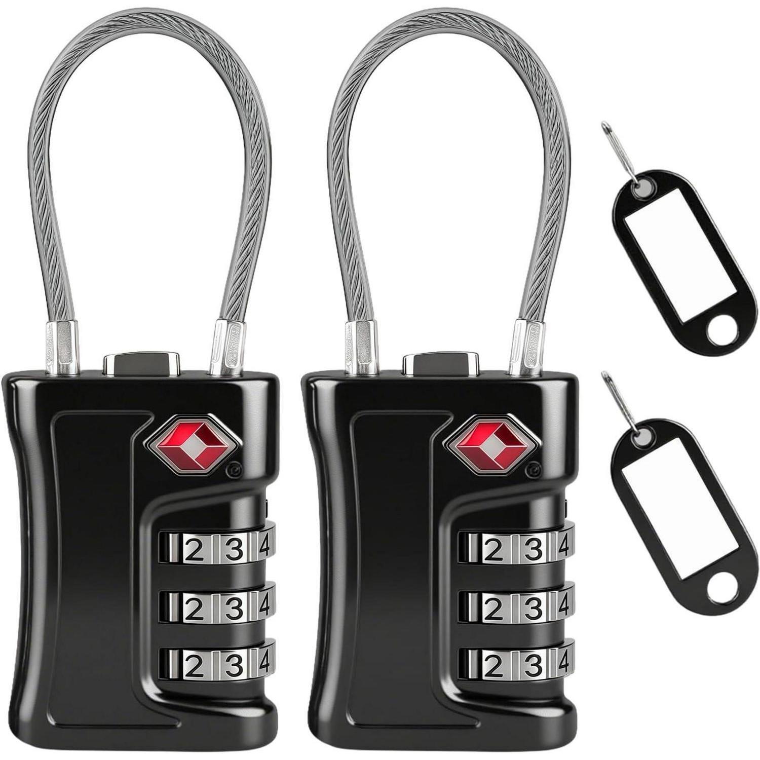 Tsa Gepäckschlösser 2er-pack, 3-stelliges Zahlenschloss Mit Kabel, Reiseschloss Schwarz