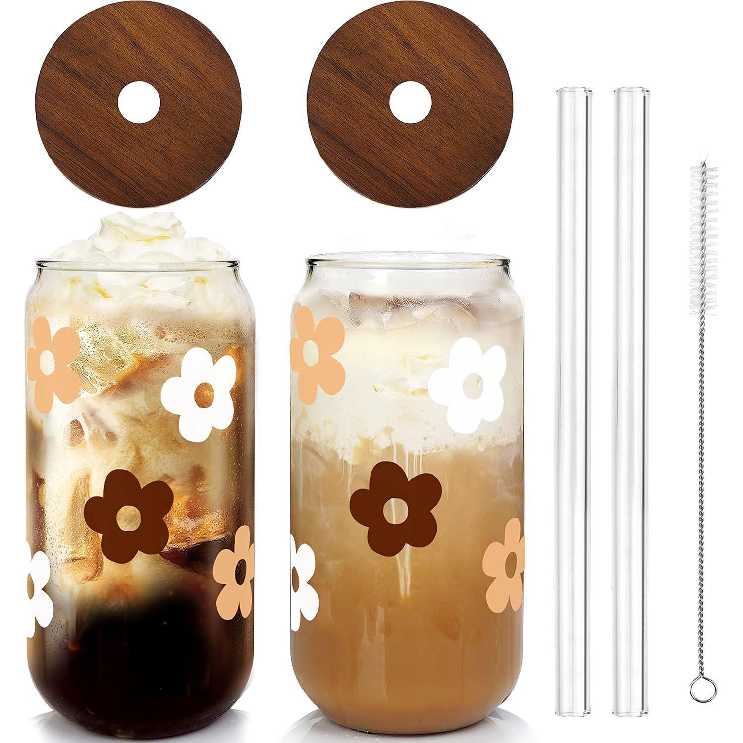 2er Set Glasbecher Mit Deckel & Strohhalmen, 590ml Dosenform, Blumenmuster