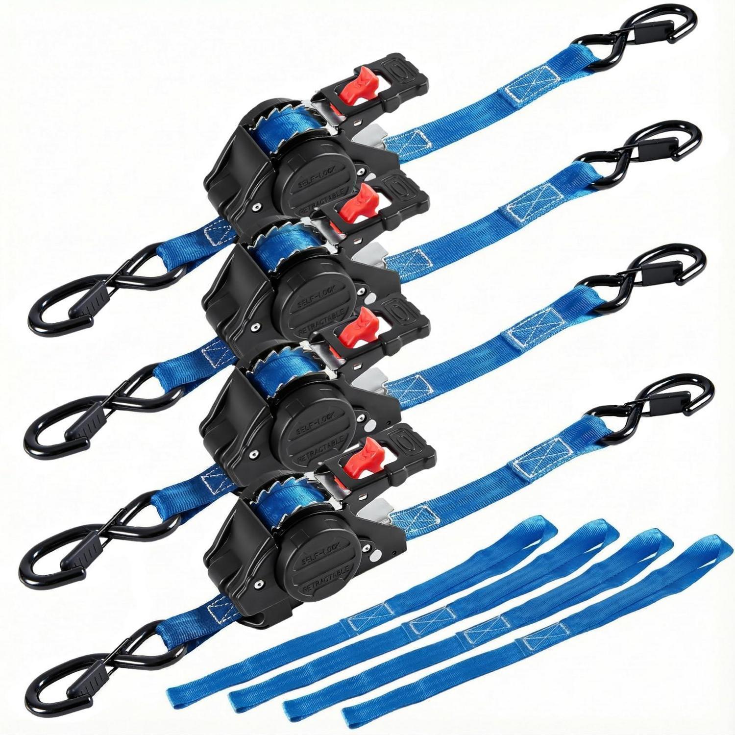 Automatik Spanngurte Mit S-haken, 4 Stück, 3m X 25mm, En 12195-2, Blau