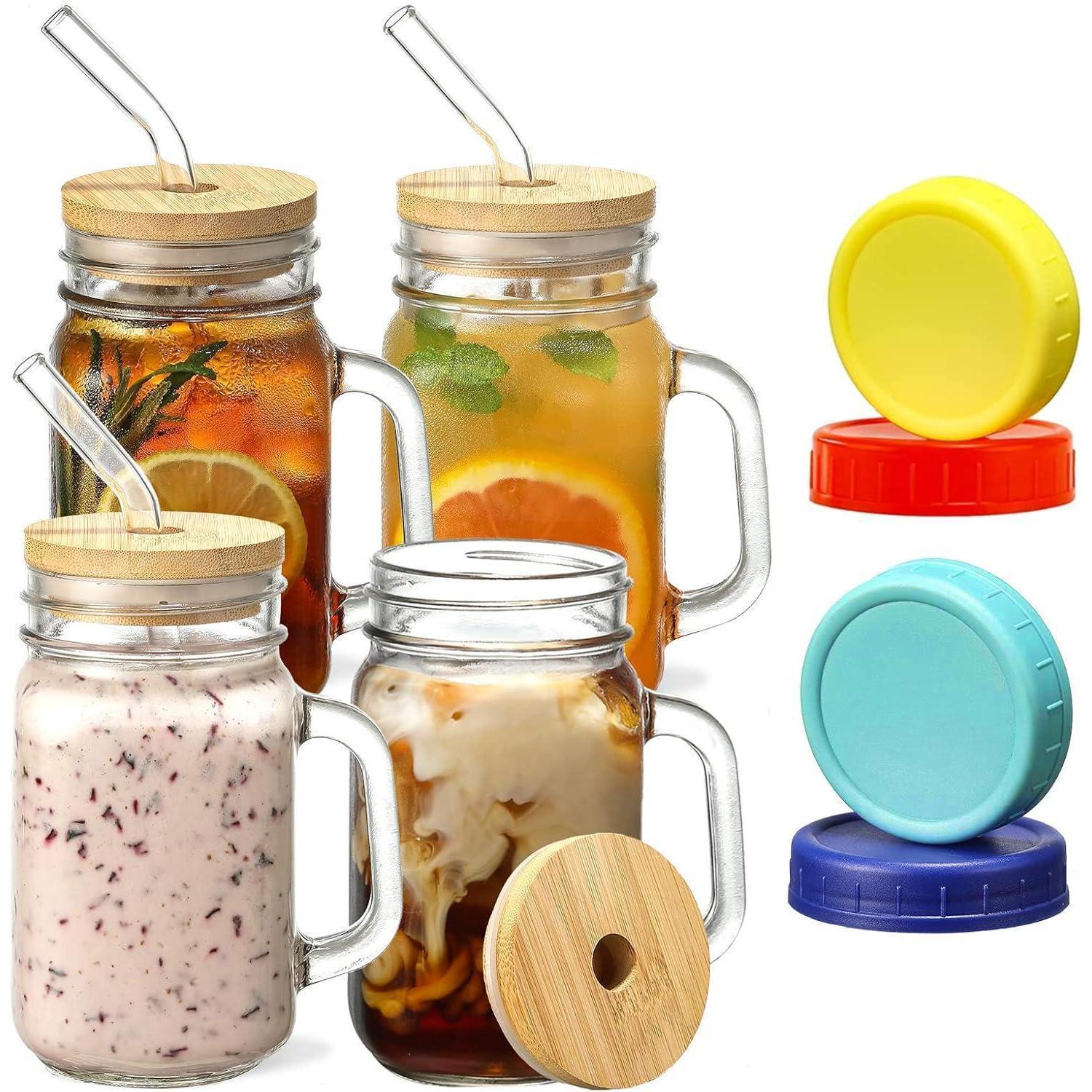 Trinkgläser Mit Henkel, Deckel & Strohhalm, 400ml Mason Jar Set Für Smoothies & Cocktails