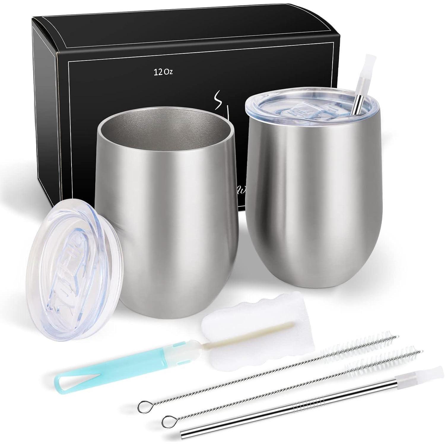 Edelstahl Weinbecher 2er Set Mit Deckel, 12oz Vakuum-isoliert, Silber