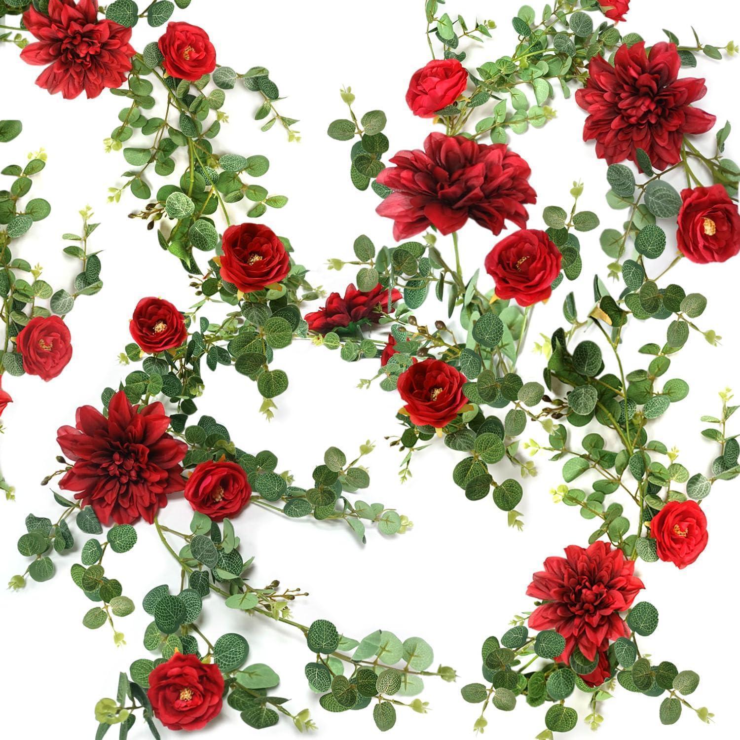 Künstliche Blumengirlande 190cm Mit Dahlien Und Rosen, Eukalyptus Deko