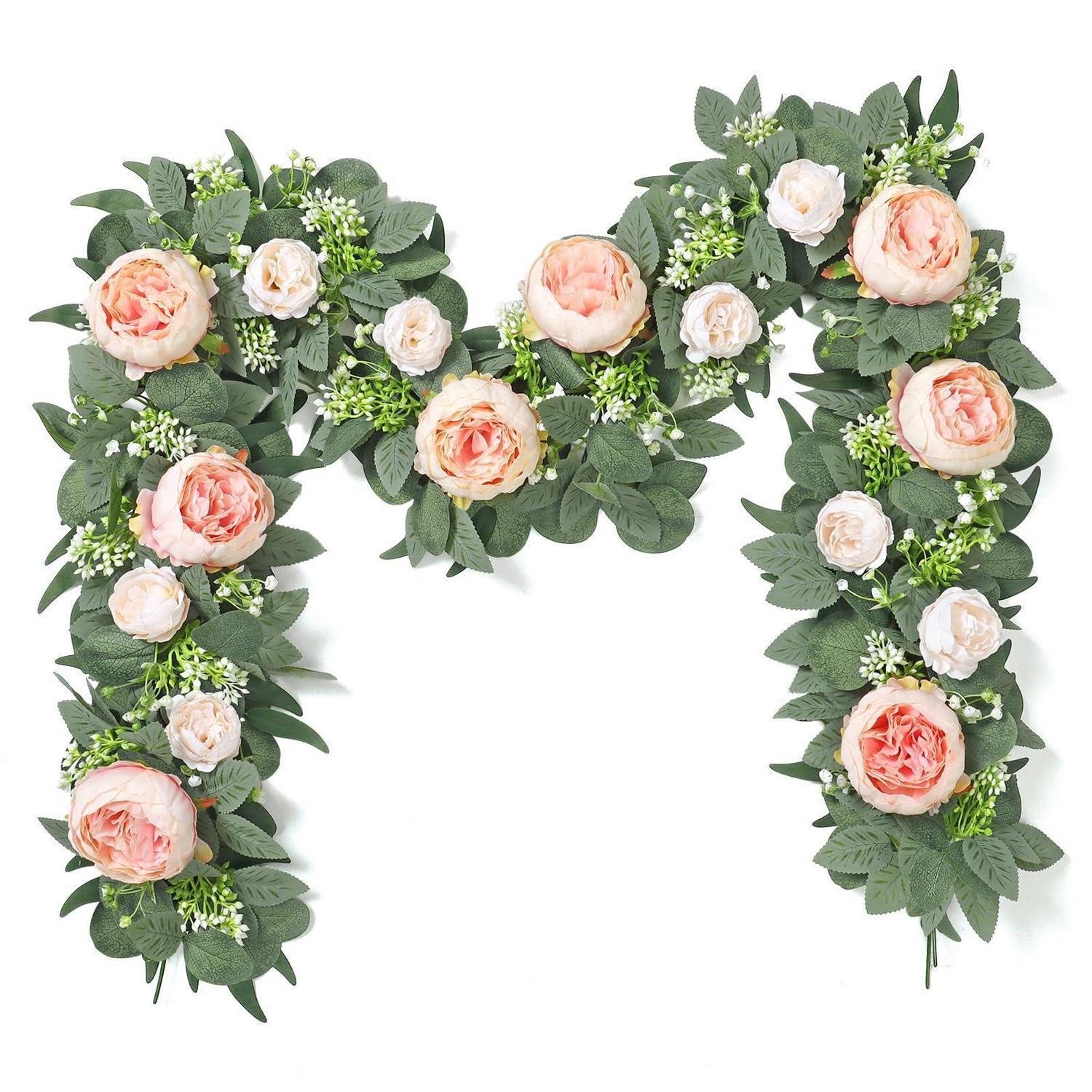 Künstliche Blumengirlande 2 Stück, Rosa Pfingstrosen & Rosen, Eukalyptus, Champagnerrosa
