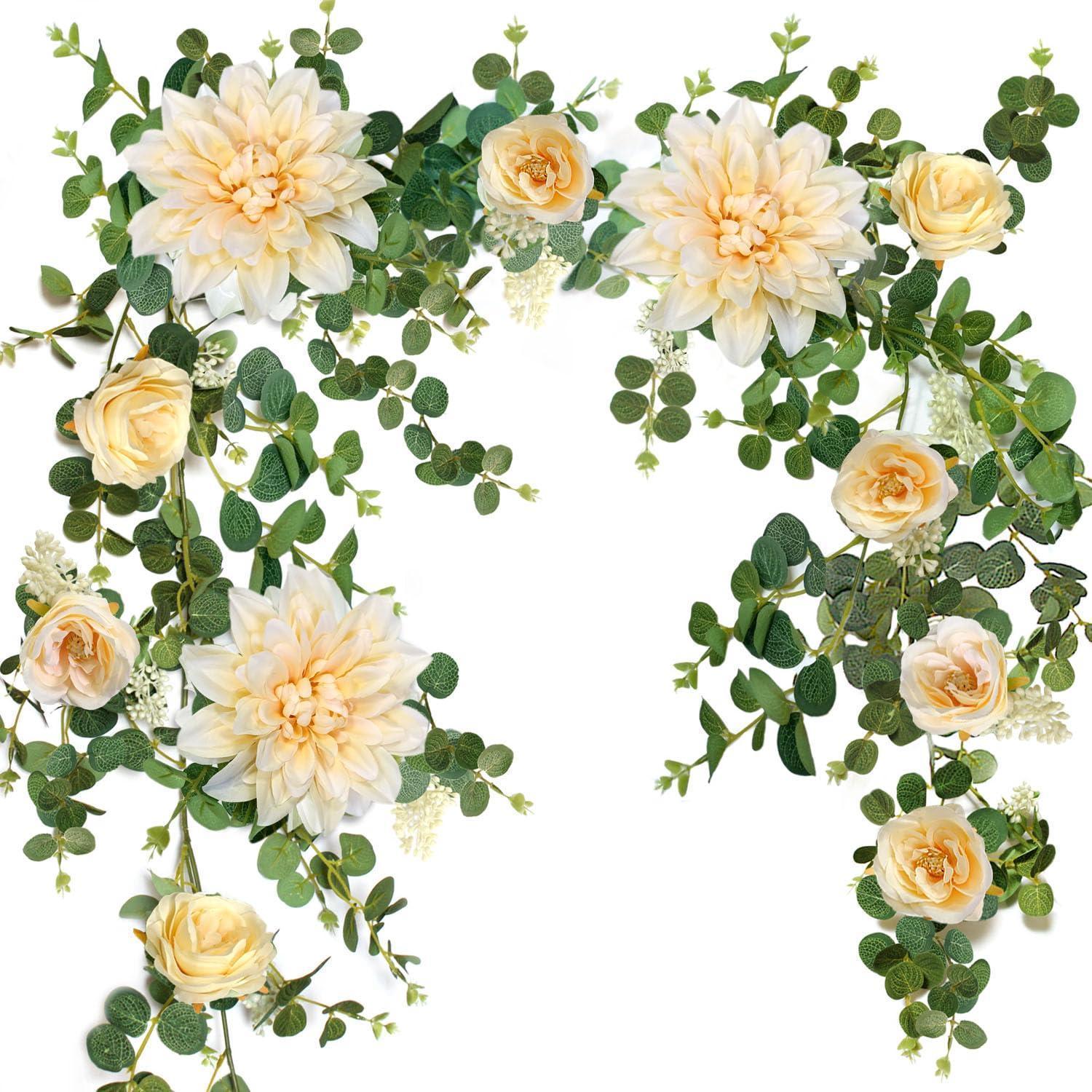 Künstliche Blumengirlande 190cm Mit Dahlien Und Rosen In Champagner