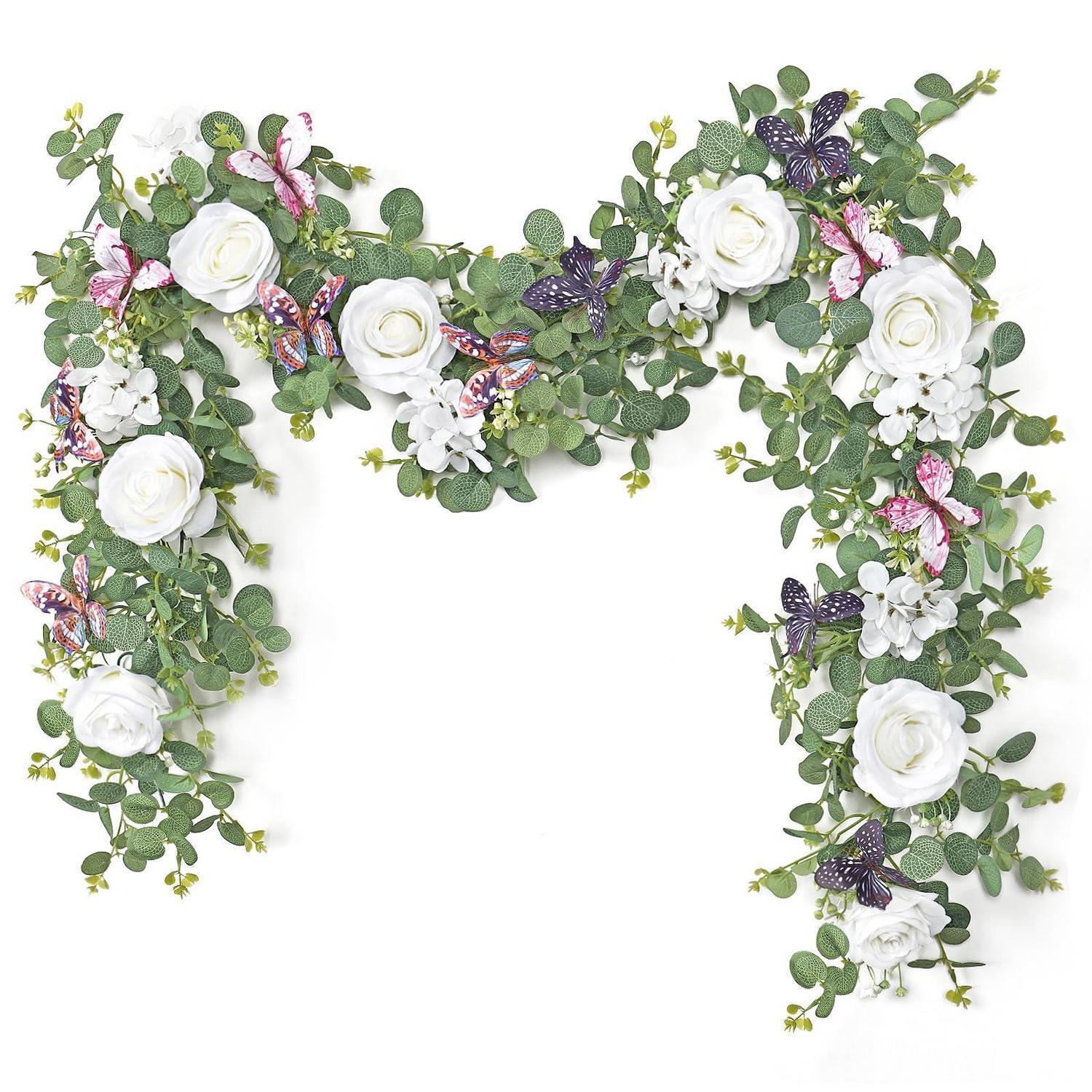 2er Set Künstliche Eukalyptus Girlande Mit Rosen & Schmetterlingen, 1,8m Grün