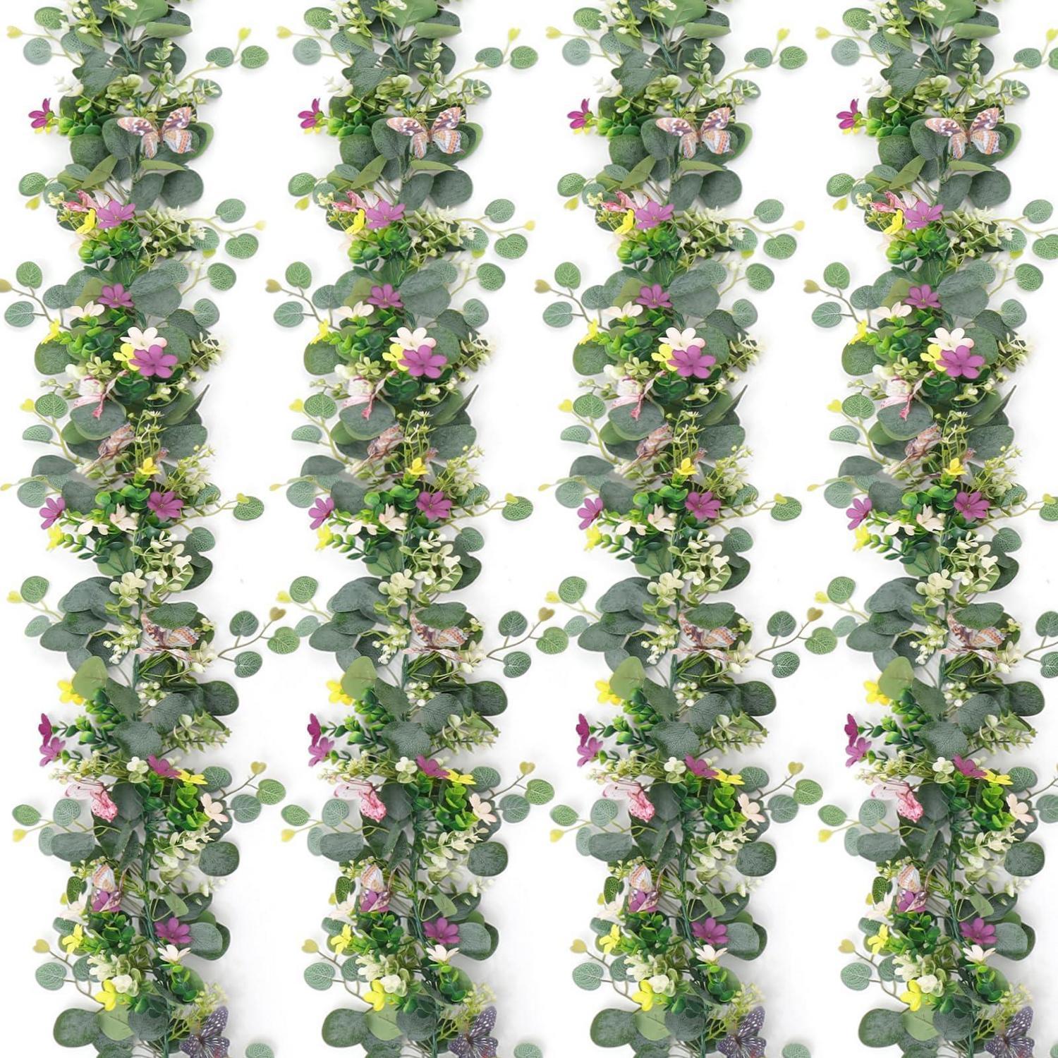 4er Set Künstliche Eukalyptus Girlande Mit Schmetterlingen Und Blumen