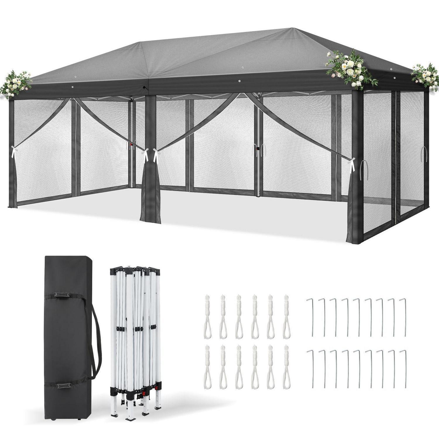 Faltpavillon 3x6m Anthrazit Mit Moskitonetzen, Uv-schutz 50+, Wasserdicht