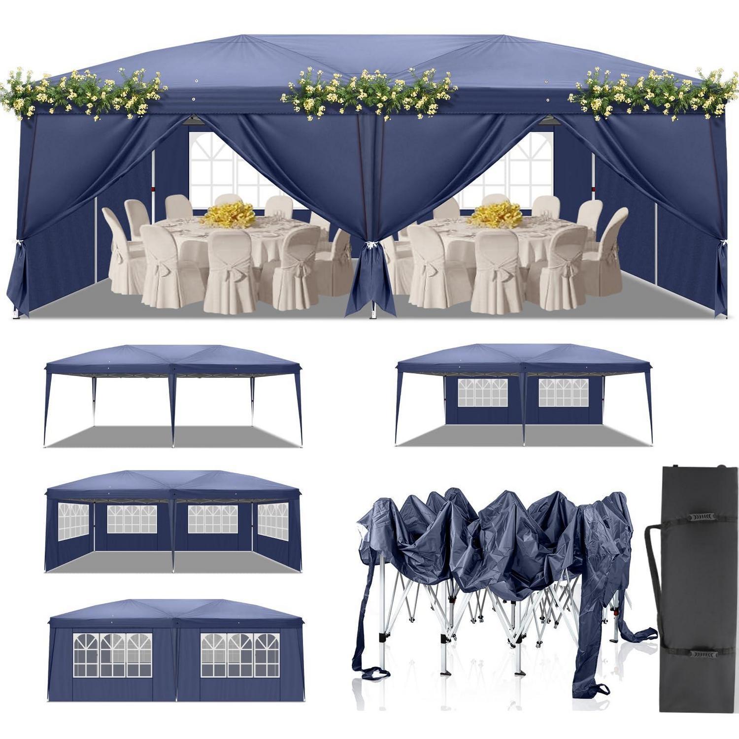 Faltpavillon 3x6m Pop-up Wasserdicht Uv-schutz 50+ Mit 6 Seitenteilen Blau