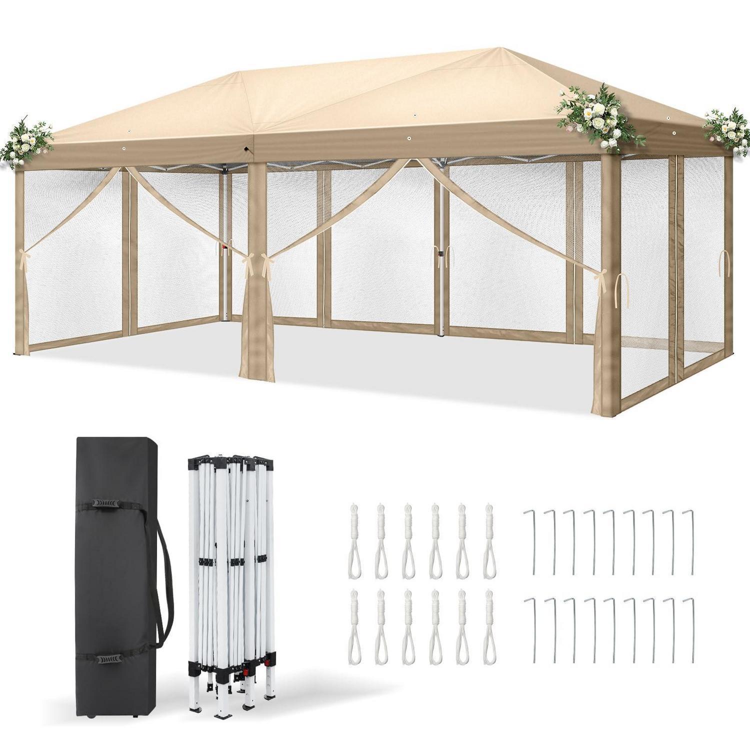 Faltpavillon 3x6m Khaki Mit Moskitonetzen, Uv-schutz 50+, Wasserdicht