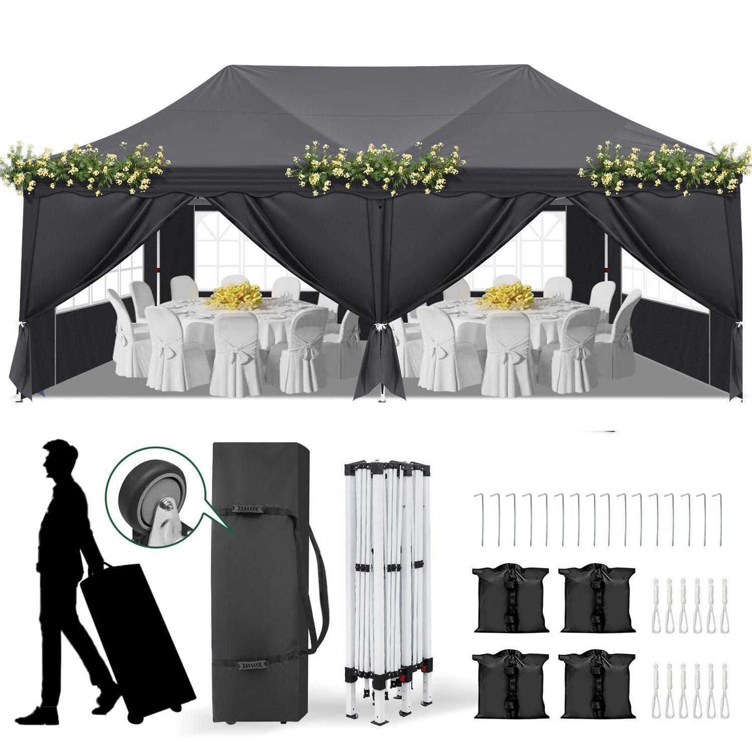 Faltpavillon 3x6m Wasserdicht Uv Schutz 50+ Höhenverstellbar Dunkelgrau
