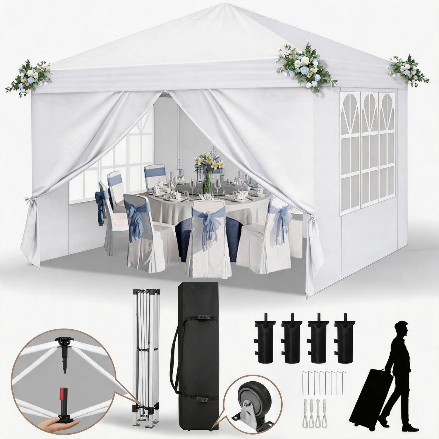 Faltpavillon 3x3m Mit 4 Seitenteilen, Wetterfest, Höhenverstellbar, Weiß