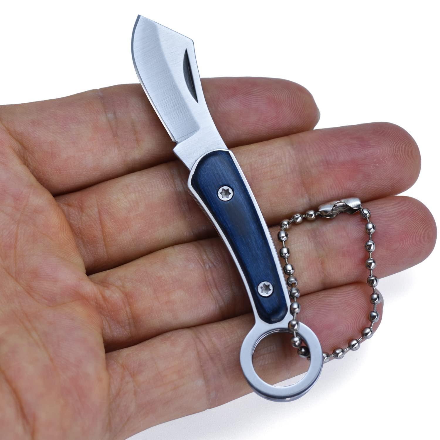 Mini Klappmesser Mit Schlüsselanhänger, Robust, Blau, Holzgriff, Edc