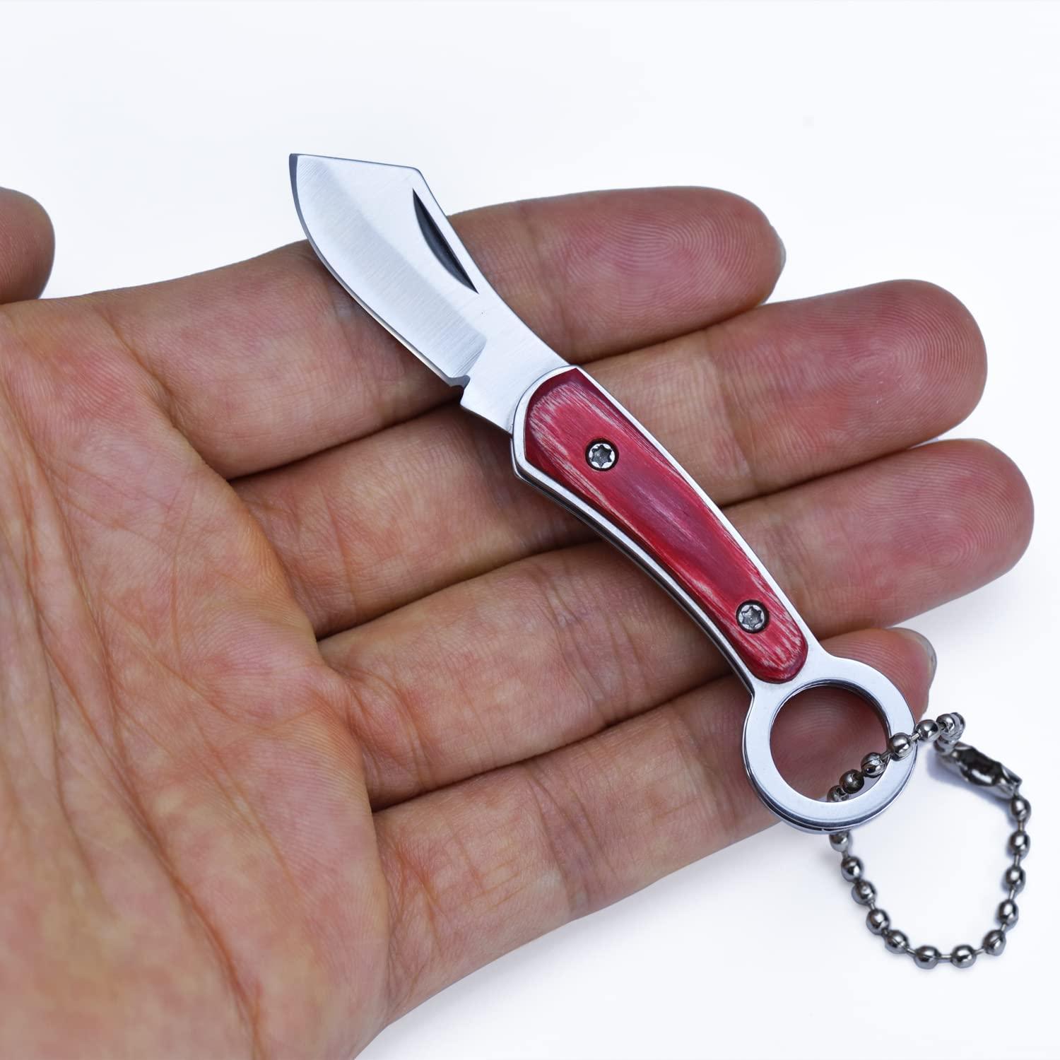 Mini Klappmesser Mit Schlüsselanhänger, Holzgriff, Rot, Edc Outdoor