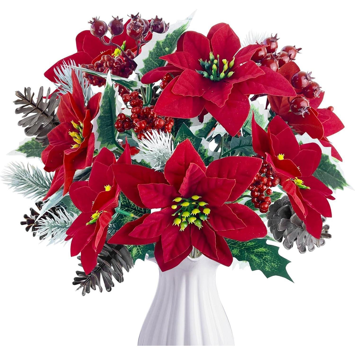 4x Künstliche Weihnachtssterne Mit Tannenzweigen, Zapfen & Beeren, Rot/grün