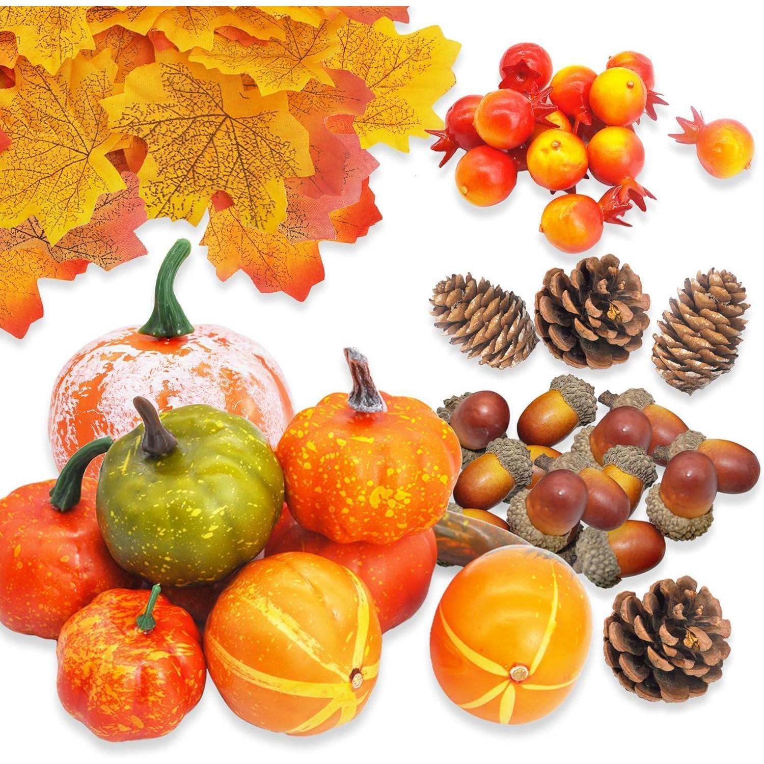 Herbstdeko Set 96 Teile: Künstliche Kürbisse, Ahornblätter, Zapfen, Eicheln