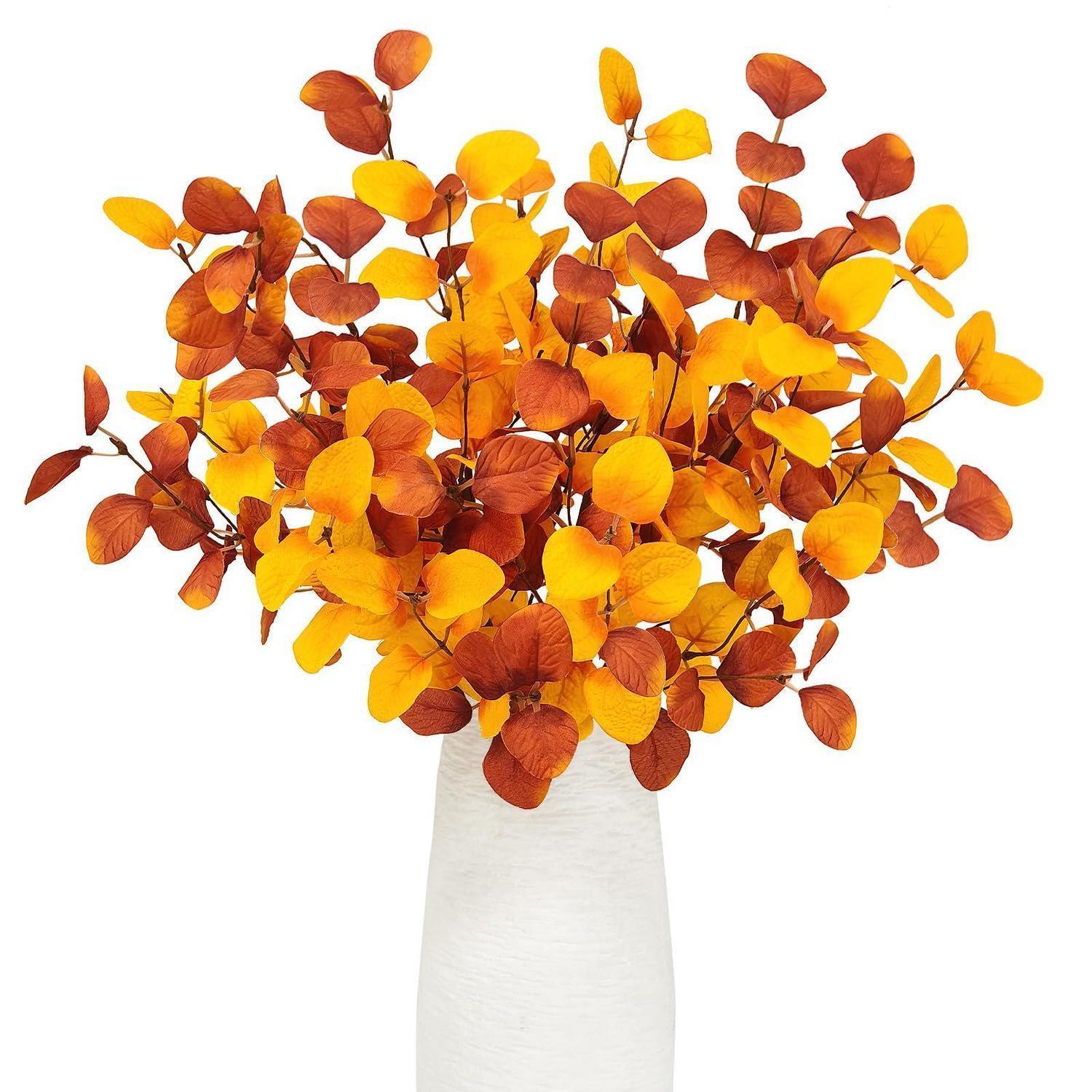 6 Künstliche Eukalyptus Zweige 60cm, Herbst Deko Orange, Wetterfest