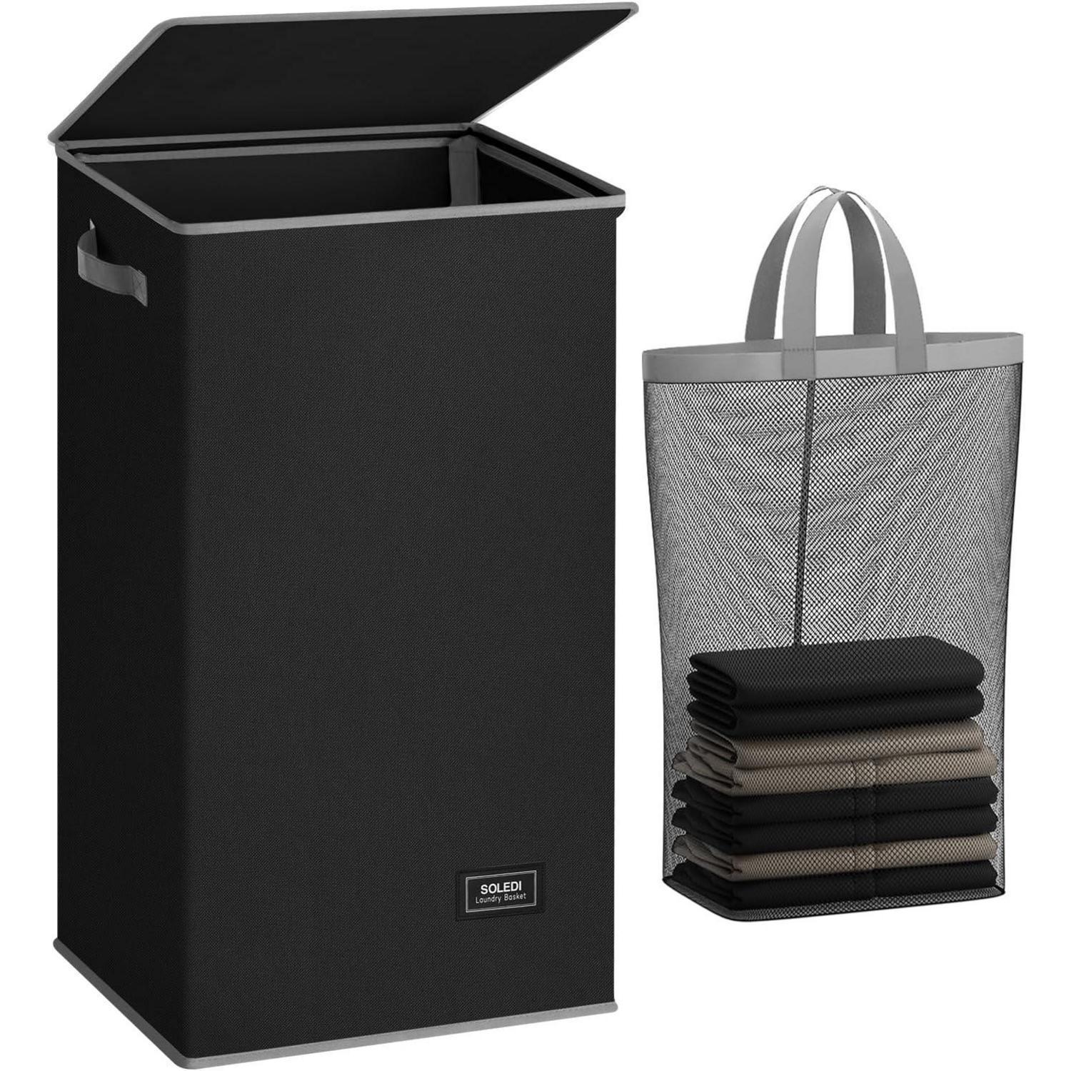 Wäschekorb 100l Mit Deckel Und Wäschesack, Schmal, Faltbar, Schwarz