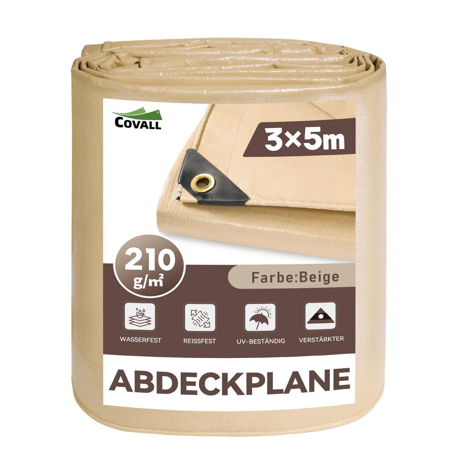 Schwere Abdeckplane 3x5m Beige, 210g/m², Wasserdicht, Reißfest, Uv-beständig