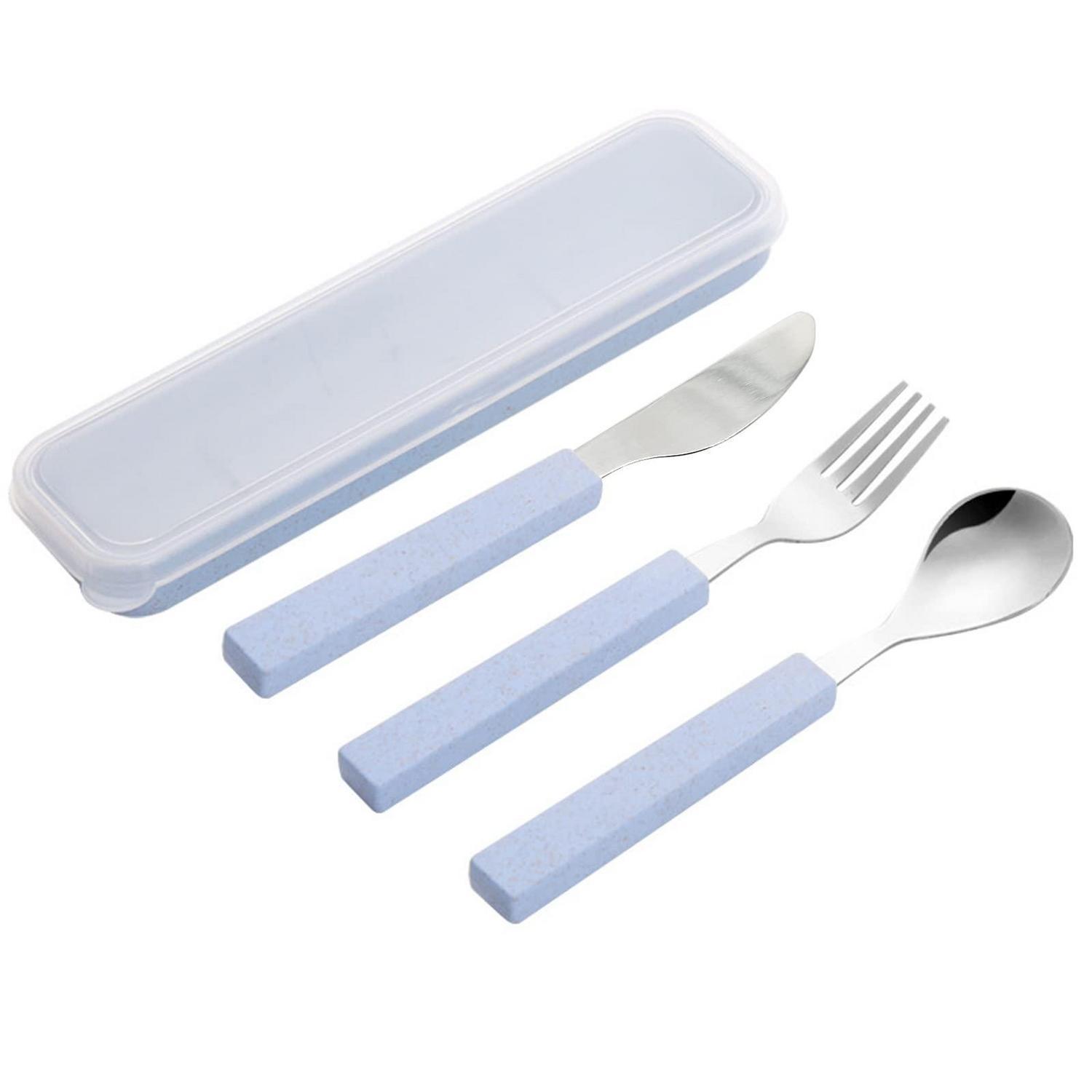 Kinderbesteckset 3-teilig Edelstahl Mit Reisekoffer, Spülmaschinenfest, Blau