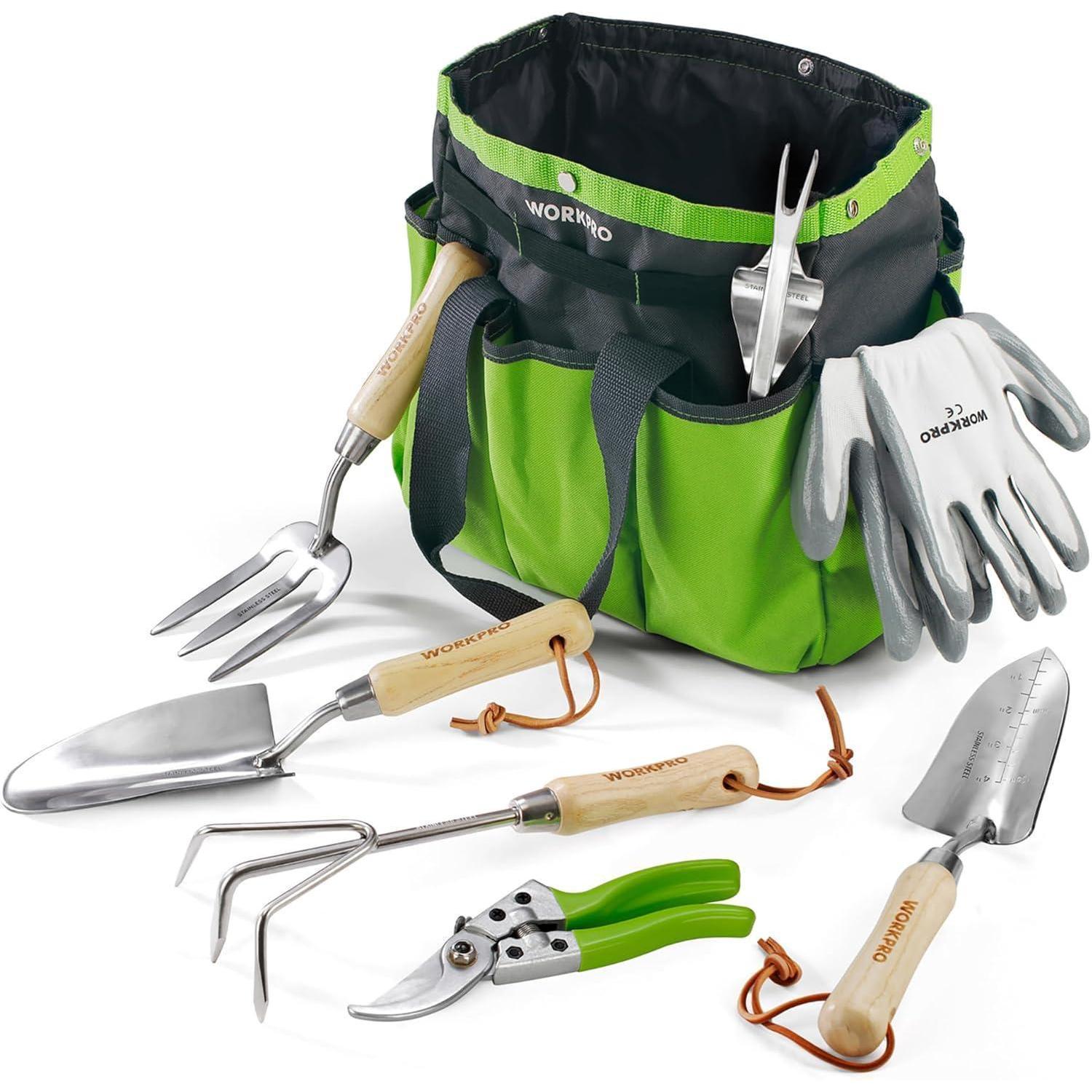 Gartenwerkzeug Set 8-teilig Mit Tasche, Edelstahl, Holzgriff, Gartenschere, Pflanzkelle