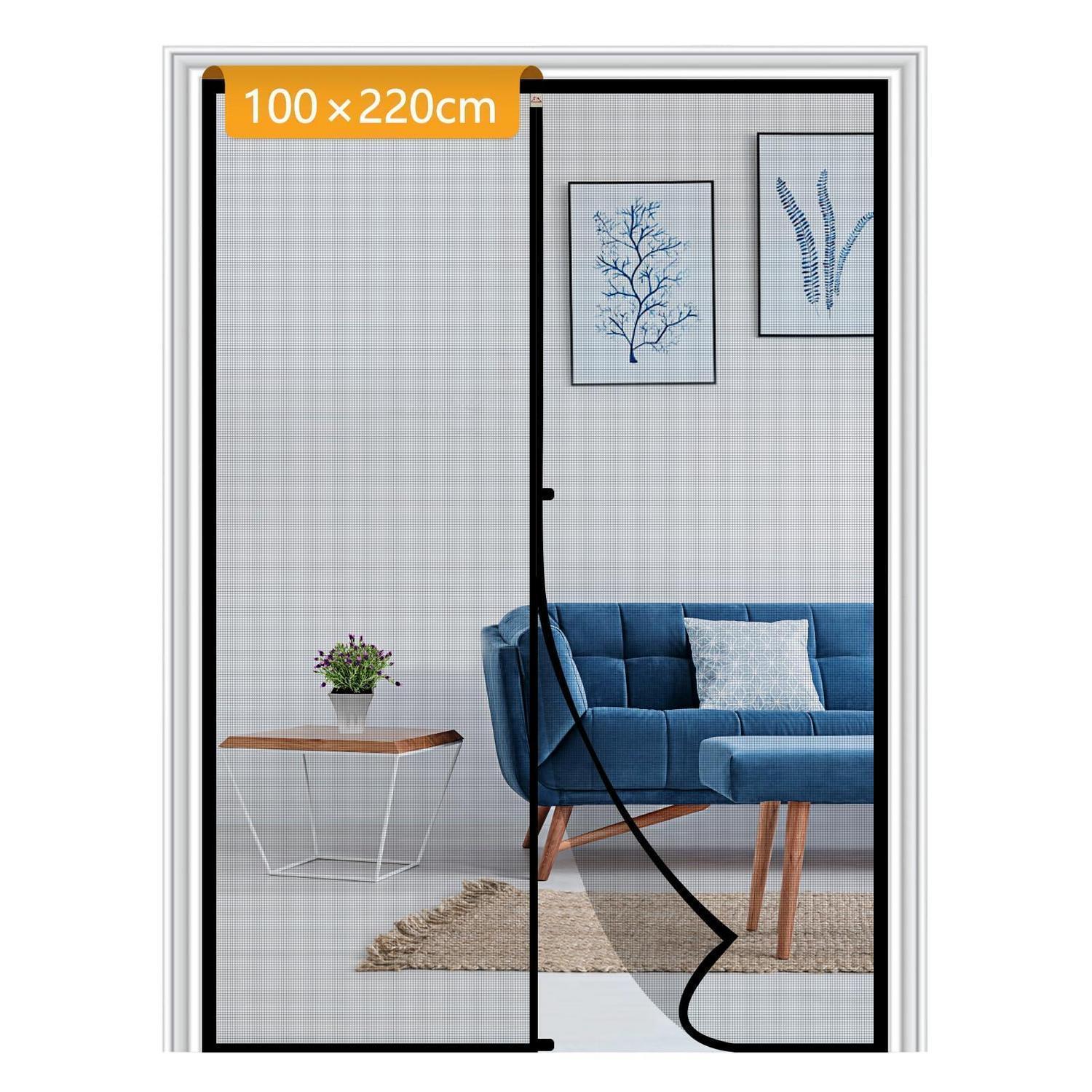 Fliegengitter Balkontür 100x220cm Magnetisch Ohne Bohren, Reißfest, Schwarz
