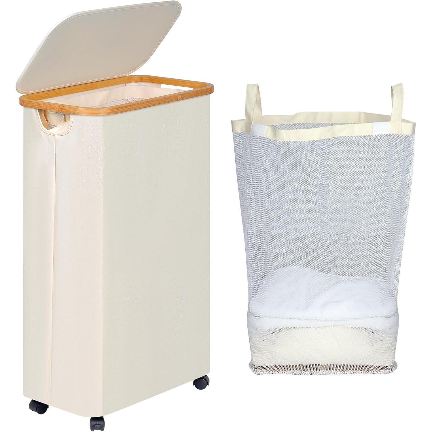 Wäschekorb Mit Rollen, Deckel Und Abnehmbarem Beutel, 75l, Beige