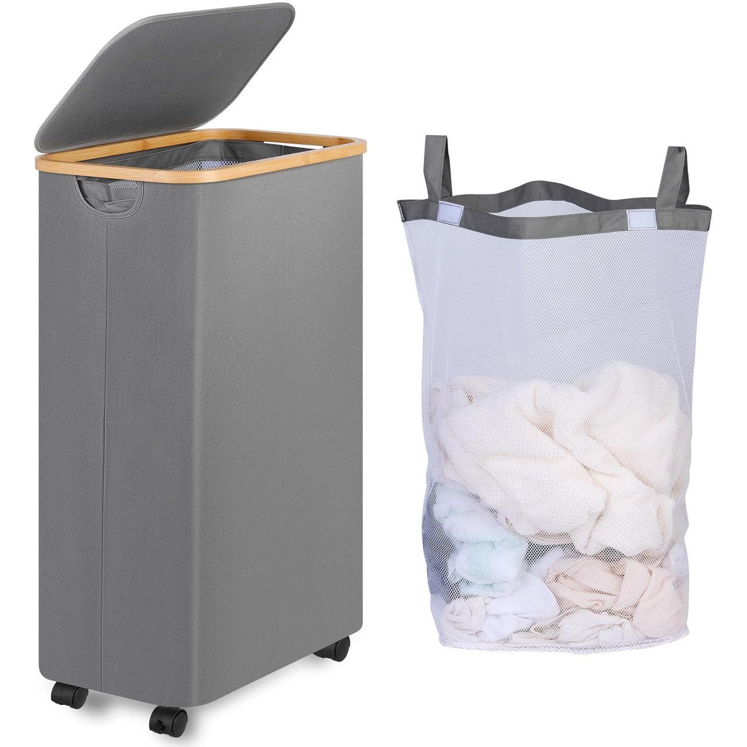 Wäschekorb Mit Rollen 75l, Schmal, Mit Deckel Und Herausnehmbarem Innensack, Grau