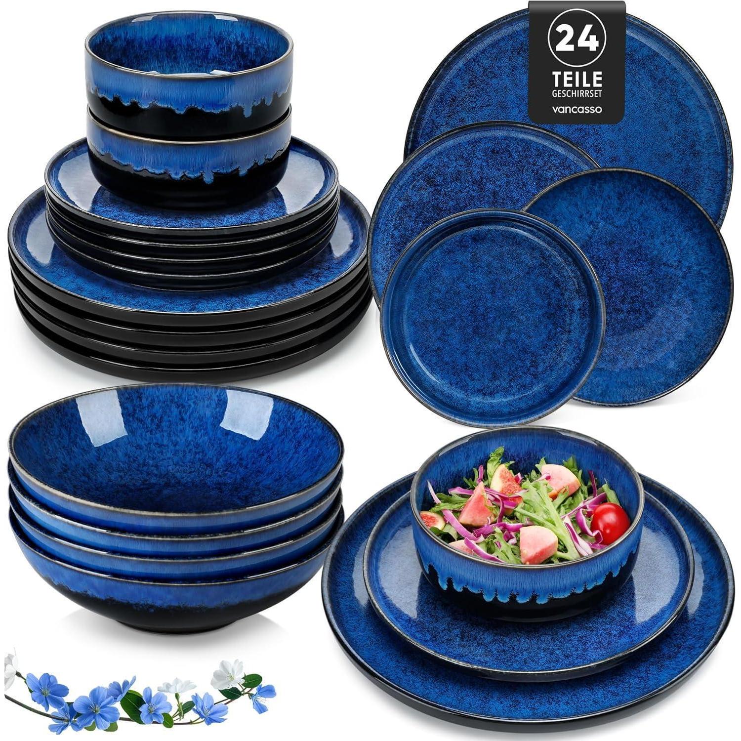 24-teiliges Geschirrset Für 6 Personen, Steingut, Blau, Modern, Inkl. Speise-, Dessert-, Suppenteller & Müslischalen