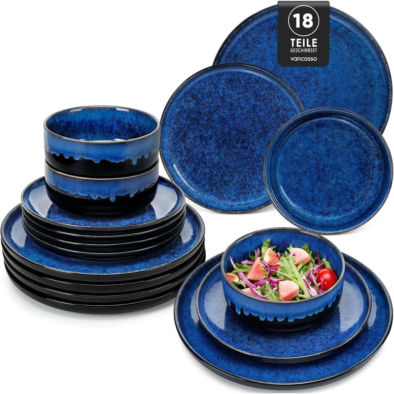 18-teiliges Geschirrset Für 6 Personen, Steingut, Blau, Modern, Inkl. Teller & Müslischalen