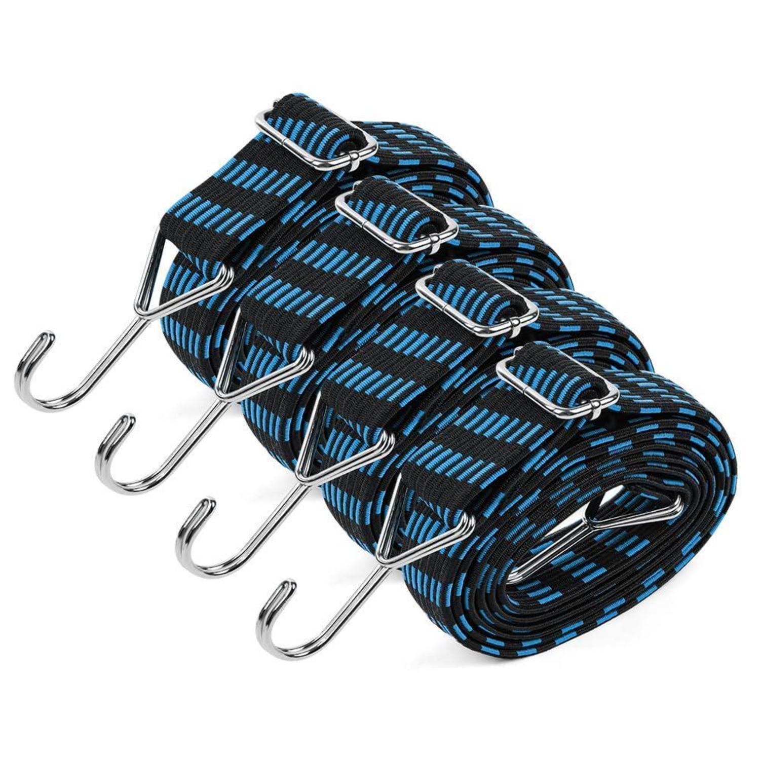 Spanngummi Mit Haken, 4 Stück, 1m X 3cm, Verstellbar, Rostfrei, Schwarz & Blau
