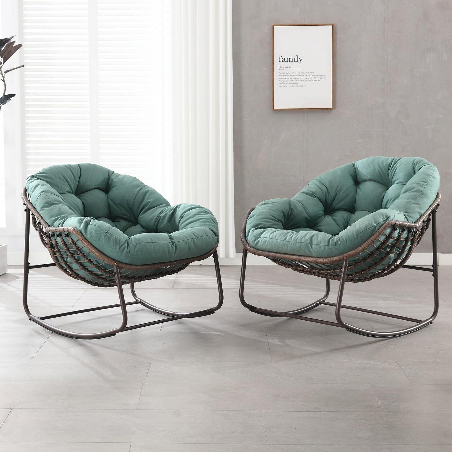 Schaukelstuhl-set 2 Stück, Papasan Ei-form, Indoor/outdoor, Grün, Gepolstert