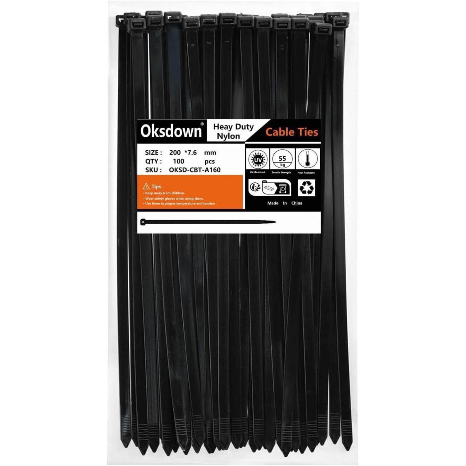 Kabelbinder 200mm X 7,6mm, 100 Stück, 55kg Zugfestigkeit, Uv-beständig, Schwarz