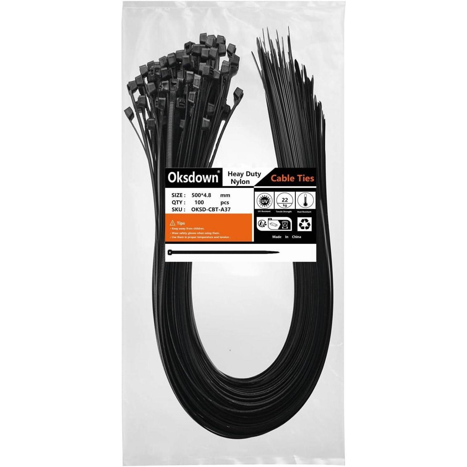 Kabelbinder Schwarz 500mm X 4,8mm, 100 Stück, Uv-beständig, Zugfestigkeit 22kg