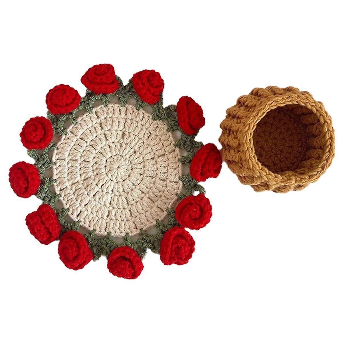 Rosenstrauß-untersetzer, Gehäkeltes Blumen-platzset, Handgewebter Untersetzer, Topfpflanzen-ornament Mit Korb A