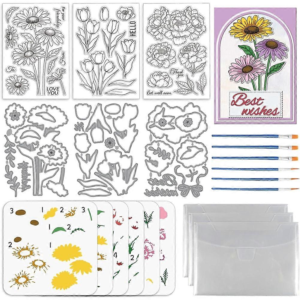 3 Sets Mit Transparenten Silikonstempeln, Stanzformen Und Malschablonen (gänseblümchen, Tulpe, Pfingstrose) Für Kartenherstellung Und Bastelarbeiten.