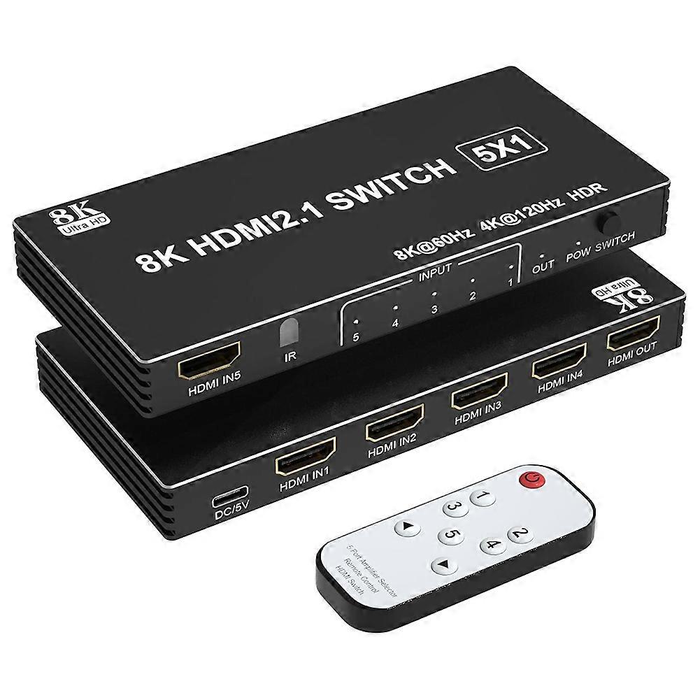 Hdmi-switch/splitter Mit 5 Eingängen Und 1 Ausgang, Kompatibel Mit 2.1, 8k Bei 60 Hz Und 4k Bei 120 Hz, Mit Fernbedienung Für Ps5/4/3 Und Xbox.