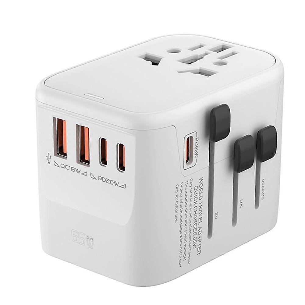 Gan65w Internationaler Reiseadapter Mit 2 Usb-anschlüssen Und 3 Usb Typ-c-anschlüssen, Gan-schnellladefunktion, Eu-, Au- Und Us-steckern, Weiß.