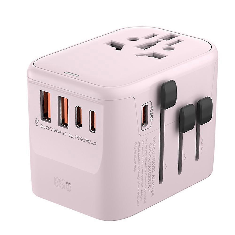 Gan65w Internationaler Reiseadapter Mit 2 Usb 3 Typ C Anschlüssen, Gan Schnellladefunktion, Eu-, Au- Und Us-steckern (pink).