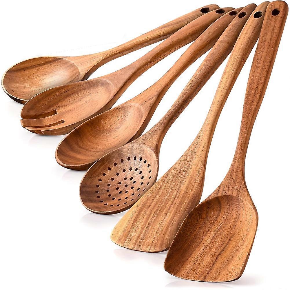 6-teiliges Küchenlöffel-set Aus Echtem Holz, Hitzebeständig Und Mit Ergonomischem Griff. Leicht Zu Reinigen Und Ideal Für Die Verwendung Mit Antihaftbeschichtetem Kochgeschirr.