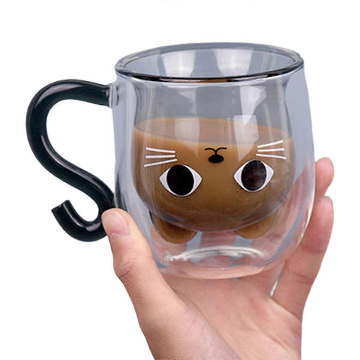 Doppelwandiger Glasbecher (250 Ml) Mit Niedlichem Katzenmotiv Und Henkel, Ideal Für Kaffee, Kalte Milch, Tee Oder Fruchtsaft. Klares Glas.