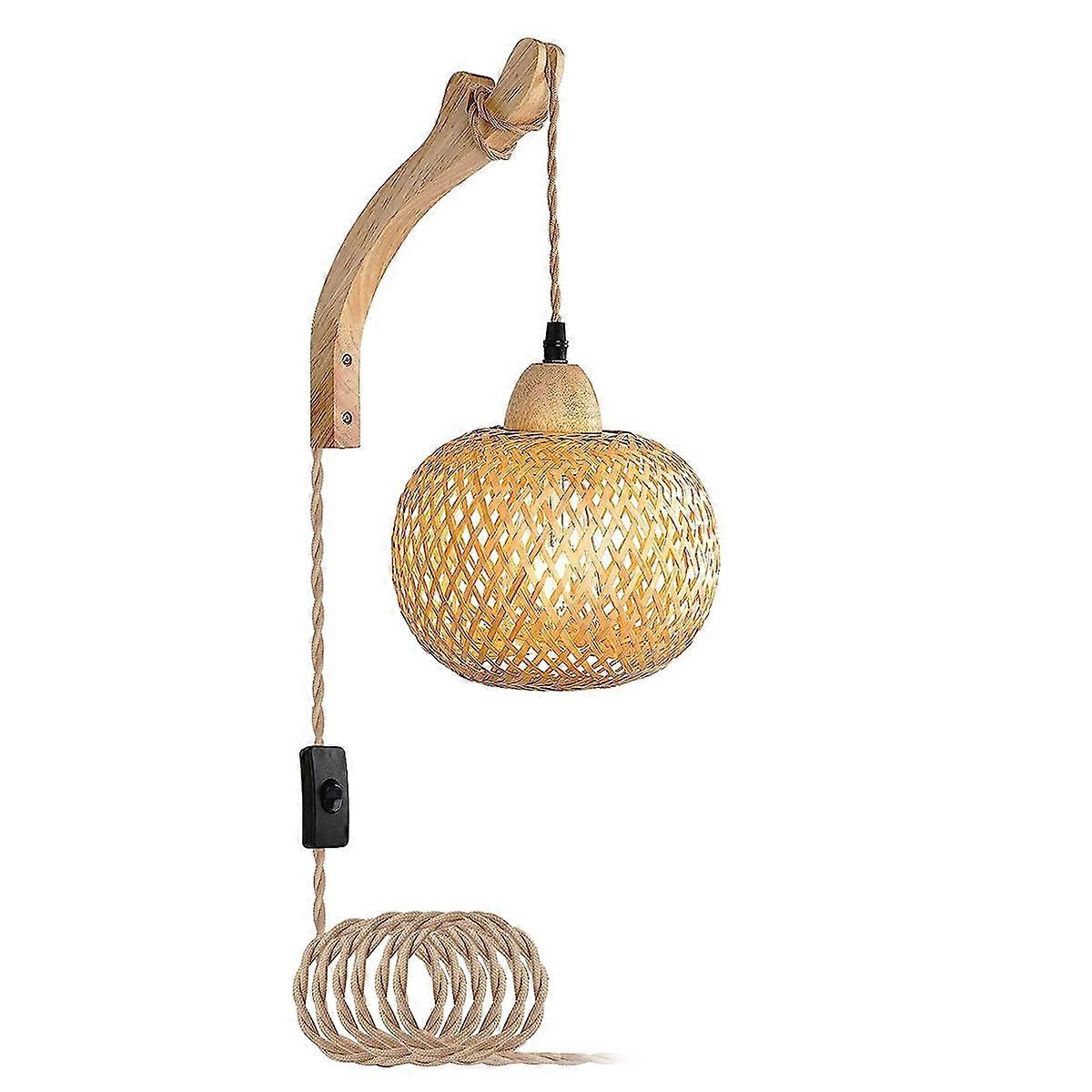 Wandleuchte Aus Bambuslaterne, Geflochtenes Rattan, E27-fassung, Handgewebter Lampenschirm Aus Bambus, Schlafzimmerdekoration, Europäischer Stecker