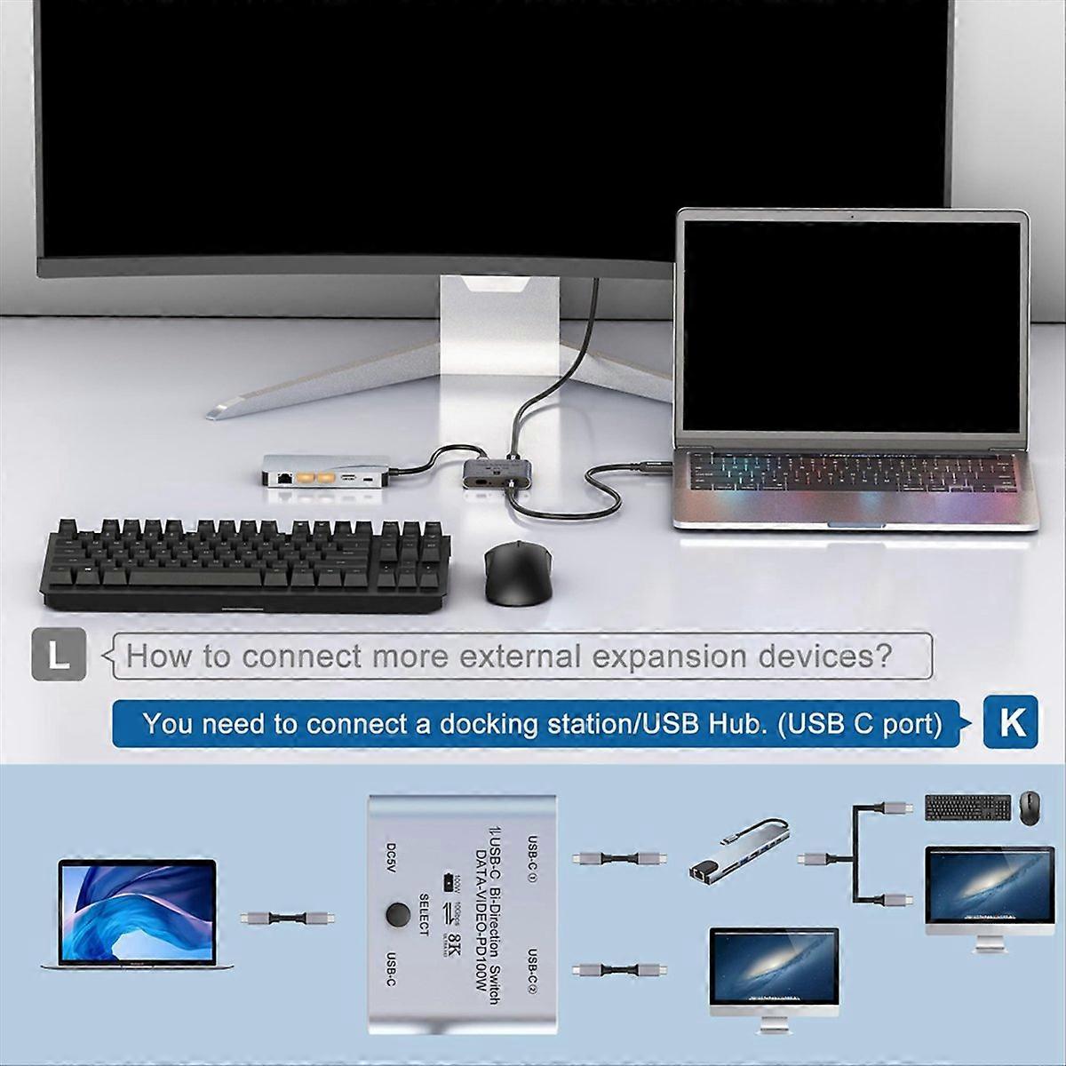 Bidirektionaler Usb-c-kvm-switch Für 2 Computer, 1 Eingang, 2 Ausgänge, Unterstützt 8k-video Bei 60 Hz / 4k Bei 144 Hz, 10 Gbit/s