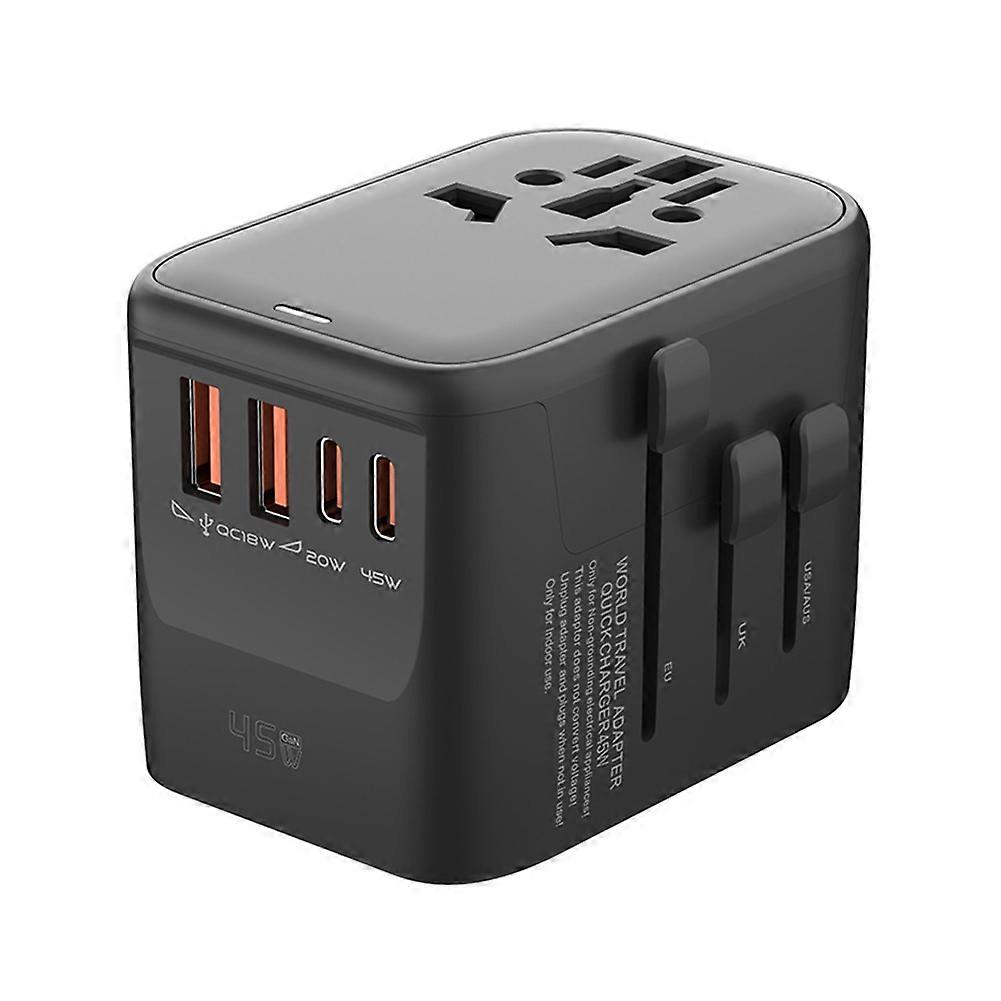 Gan65w Internationaler Reiseadapter Mit 2 Usb 3 Typ C Anschlüssen, Gan Schnellladefunktion, Eu-, Au- Und Us-steckern, Schwarz.